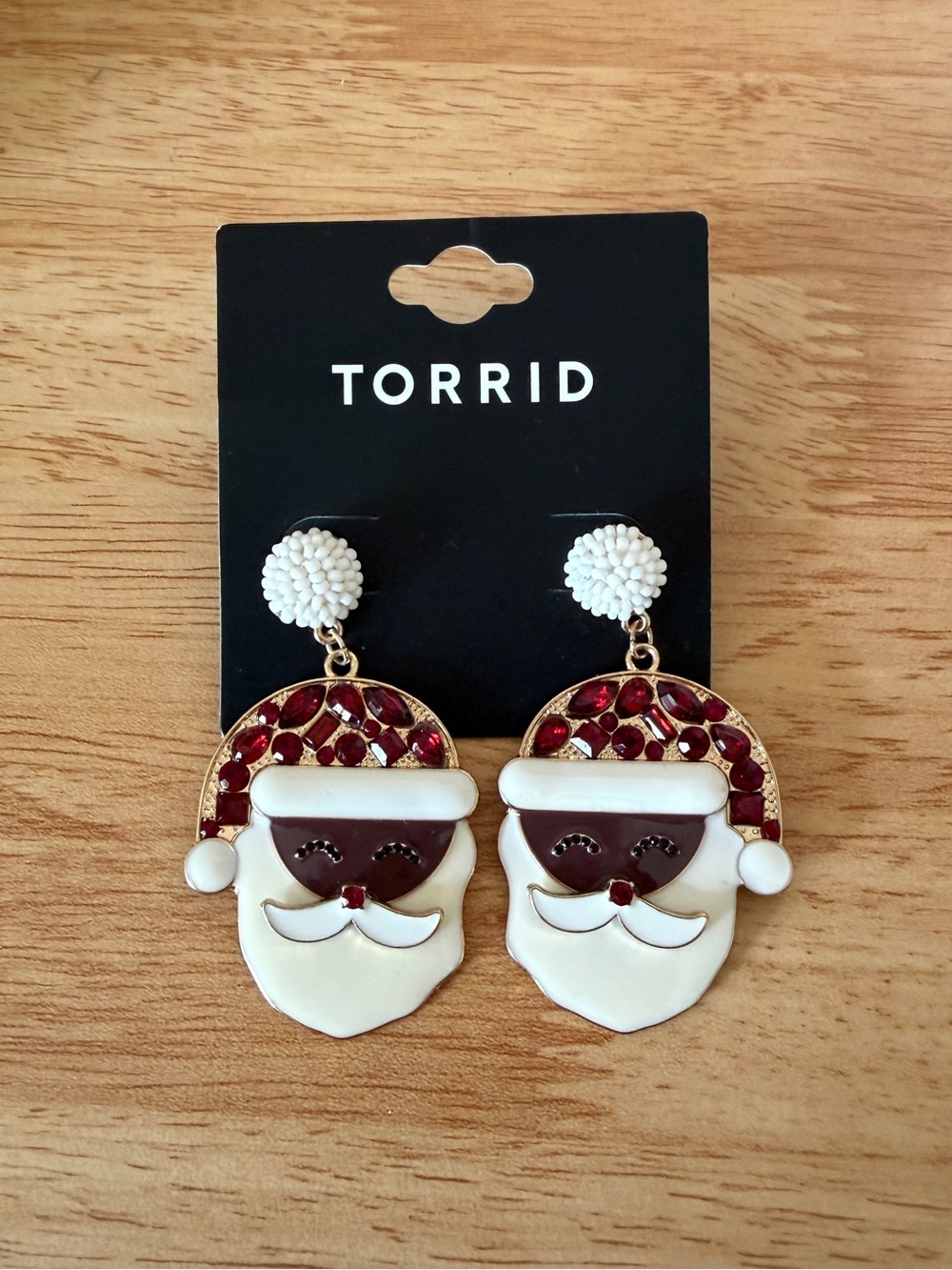Santa Claus Statement Earrings - Black Santa - Gold Enamel, Rhinestones